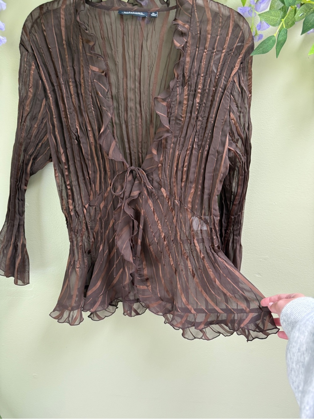 Notations Y2K Brown Sheer Boho Tie Front Top, size XL - Picture 5 of 7